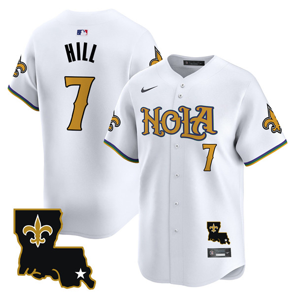 Men's New Orleans Saints #7 Taysom Hill White Cool Base Stitched Baseball Jersey Men's New Orleans Saints #7 Taysom Hill White Cool Base Stitched Baseball Jersey